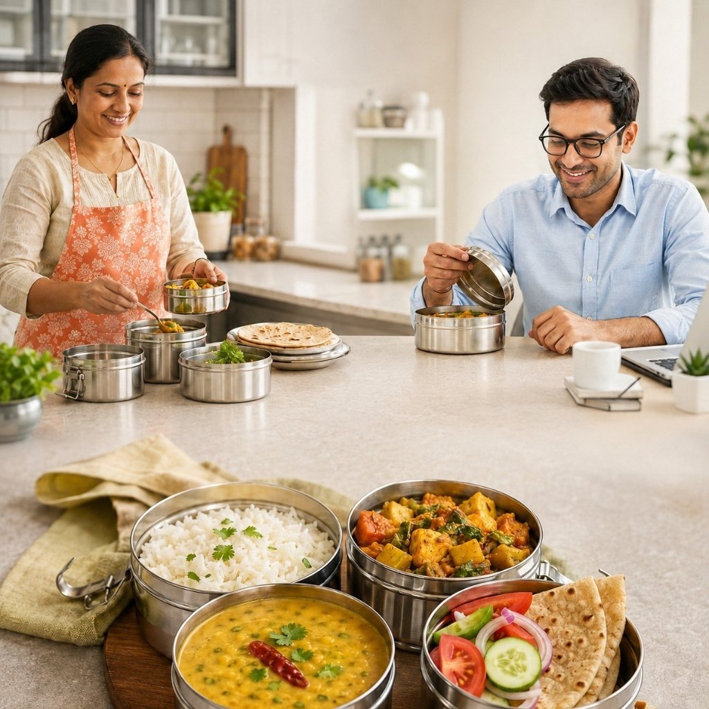 Authentic home cook preparing fresh tiffin